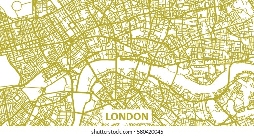 Detailed vector map of London in gold with title, scale 1:30 000, UK