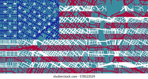 Detailed vector map of Los Angeles based on national flag of USA, scale 1:30 000, USA