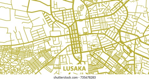 Detailed vector map of Lusaka in gold with title, scale 1:30 000, Zambia