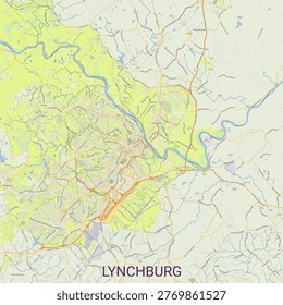 Detailed vector map of Lynchburg featuring roads, highways, neighborhoods, rivers, and terrain. High-resolution cartographic illustration showing the James River winding through the city, with urban infrastructure and surrounding natural landscapes. Perfect for travel guides, urban planning, navigation concepts, posters, and geographic design projects.