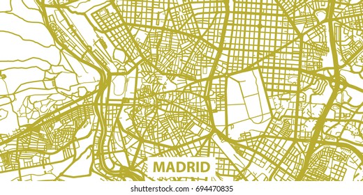 Detailed vector map of Madrid in gold with title, scale 1:30 000, Spain