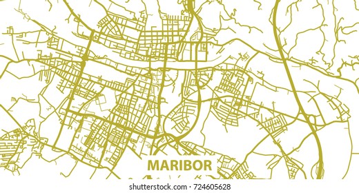 Detailed vector map of Maribor in gold with title, scale 1:30 000, Slovenia