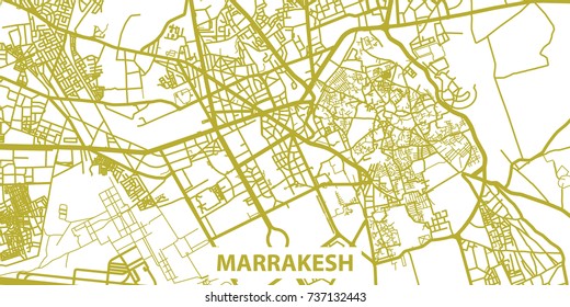 Detailed vector map of Marrakesh in gold with title, scale 1:30 000, Morocco