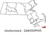 Detailed vector map of Massachusetts highlighting Nantucket County, the famous isolated island and affluent resort area off Cape Cod.

