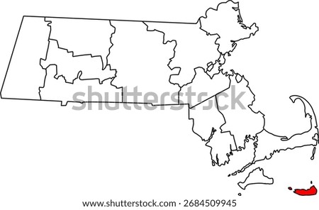 Detailed vector map of Massachusetts highlighting Nantucket County, the famous isolated island and affluent resort area off Cape Cod.

