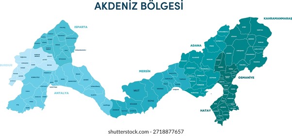 Mapa de Vector detallado de la región mediterránea de Turquía (Akdeniz Bolgesi) que muestra los límites administrativos provinciales y distritales. Diseño cartográfico limpio y moderno adecuado para la educación geográfica, infografías, presentaciones, Usos editoriales y proyectos digitales o impresos. Formato EPS editable con regiones y etiquetas claramente separadas.