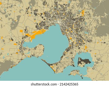 Detailed vector map of Melbourne, Australia Vintage Colors.