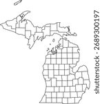 Detailed vector map of Michigan state outline with all internal county borders and administrative divisions, presented as a blank template map of the Great Lakes U.S. territory.


