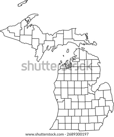 Detailed vector map of Michigan state outline with all internal county borders and administrative divisions, presented as a blank template map of the Great Lakes U.S. territory.

