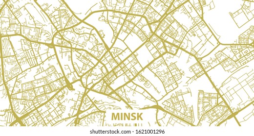 Detailed vector map of Minsk in gold with title, scale 1:10 000, Belarus