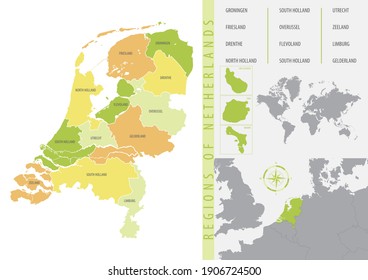 Mapa vectorial detallado de los Países Bajos con divisiones administrativas en provincias e islas