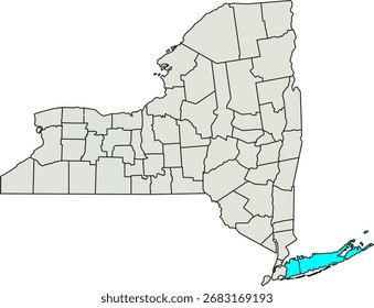 Detailed vector map of New York, USA, highlighting Long Island suburbs for commuter and regional analysis.


