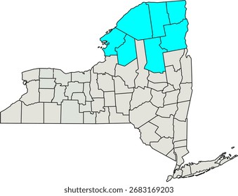 Detailed vector map of New York, USA, highlighting the North Country region bordering Canada.


