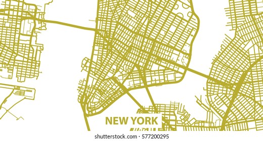 Mapa vectorial detallado de Nueva York en oro con título, escala 1:30 000, EE.UU.