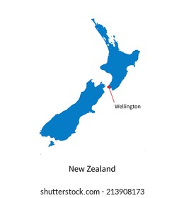 Detailed vector map of New Zealand and capital city Wellington
