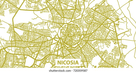 Detailed vector map of Nicosia in gold with title, scale 1:30 000, Cyprus