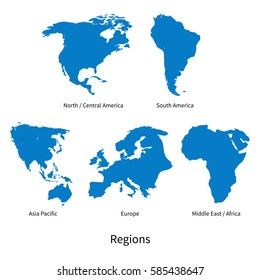 Detailed vector map of North - Central America, Asia Pacific, Europe, South America, Middle and East Africa, Regions on white