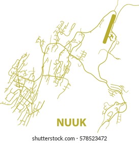 Detailed vector map of Nuuk in gold with title, scale 1:30 000, Greenland