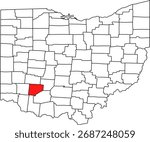 Detailed vector map of Ohio highlighting Clinton County, a rural southwestern territory centered on Wilmington, historically known for its major air cargo hub.

