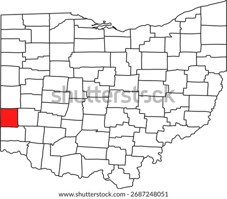 Detailed vector map of Ohio highlighting Preble County, a predominantly rural southwestern territory bordering Indiana, known for its strong agricultural economy.

