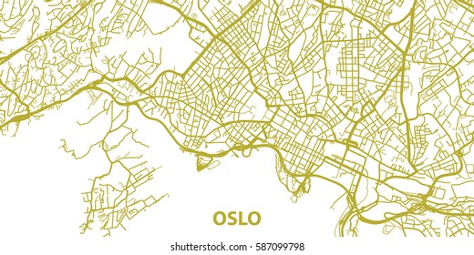 Detailed vector map of Oslo in gold with title, scale 1:30 000, Norway