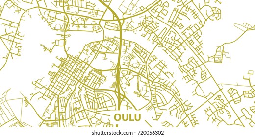 Detailed vector map of Oulu in gold with title, scale 1:30 000, Finland