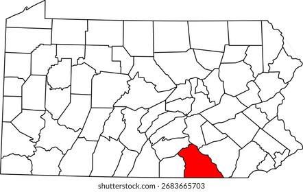 Detailed vector map of Pennsylvania, USA, highlighting York County on the Maryland border.

