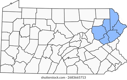 Mapa de Vector detallado de Pensilvania, EE.UU., destacando la región turística y de Ocio de las Montañas Pocono.

