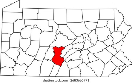 Mapa de Vector detallado de Pensilvania, EE.UU., destacando el condado de Huntingdon en la región de Appalachian Ridge and Valley.

