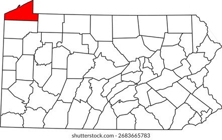 Mapa detallado del Vector de Pennsylvania, Estados Unidos, con el condado de Erie claramente resaltado, mostrando su posición sobre el lago Erie.

