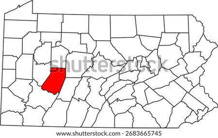 Detailed vector map of Pennsylvania, USA, highlighting Indiana County in the west-central region.

