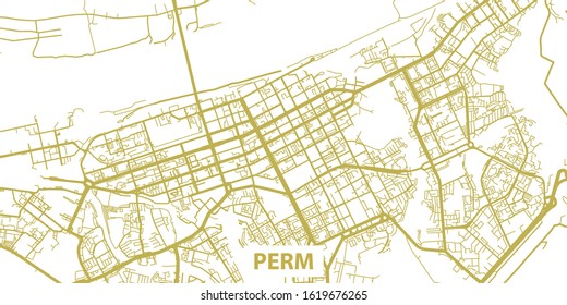 Detailed vector map of Perm in gold with title, scale 1:10 000, Russia