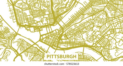 Detailed vector map of Pittsburgh in gold with title, scale 1:30 000, USA