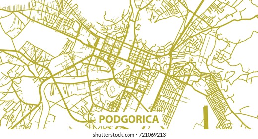Detailed vector map of Podgorica in gold with title, scale 1:30 000, Montenegro