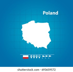  Detailed vector map of Poland. Name country, flag and pointer. Flat vector illustration.
