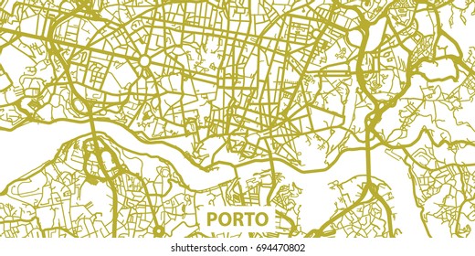 Detailed vector map of Porto in gold with title, scale 1:30 000, Portugal