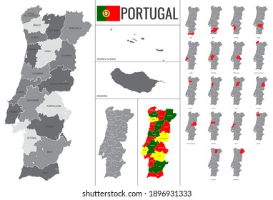 Detailed vector map of Portugal regions with flag