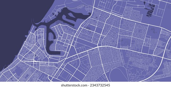 Detailed vector map poster of Ajman city administrative area. Purple skyline panorama. Decorative graphic tourist map of Ajman territory. Royalty free vector illustration.