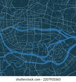 Detailed vector map poster of Guangzhou city administrative area. Blue skyline panorama. Decorative graphic tourist map of Guangzhou territory. Royalty free vector illustration.
