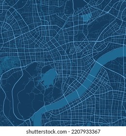 Detailed vector map poster of Hangzhou city administrative area. Blue skyline panorama. Decorative graphic tourist map of Hangzhou territory. Royalty free vector illustration.