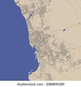 Detailed vector map poster of Jeddah city administrative area. Blue skyline panorama. Decorative graphic tourist map of Jeddah territory. Royalty free vector illustration. 