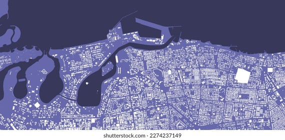 Detailed vector map poster of Sharjah city administrative area. Pantone purple skyline panorama. Decorative graphic tourist map of Sharjah territory. Royalty free vector illustration.