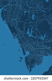 Detailed vector map poster of Shenzhen city administrative area. Blue skyline panorama. Decorative graphic tourist map of Shenzhen territory. Royalty free vector illustration.