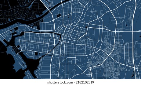 Detailed vector map poster of Tainan city administrative area. Blue skyline panorama. Decorative graphic tourist map of Tainan territory. Royalty free vector illustration.