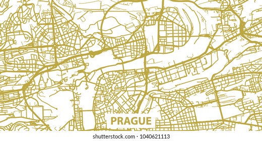 Detailed vector map of Prague in gold with title, scale 1:30 000, Czech republic