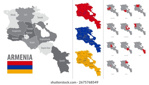 Detaillierte Vektorkarte der Provinzen Armenien mit Flagge