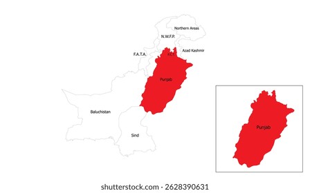 Detailed Vector Map of Punjab Province, Pakistan: Geographic Precision and Political Division in Red on a White Background, Illustrative Chart Depicting Regional Borders