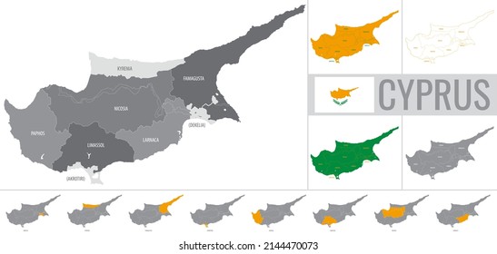 Detailed vector map of regions of Cyprus with flag