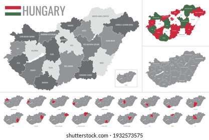 Detailed vector map of regions of Hungary with flag