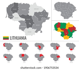 Detailed vector map of regions of Lithuania with flag
